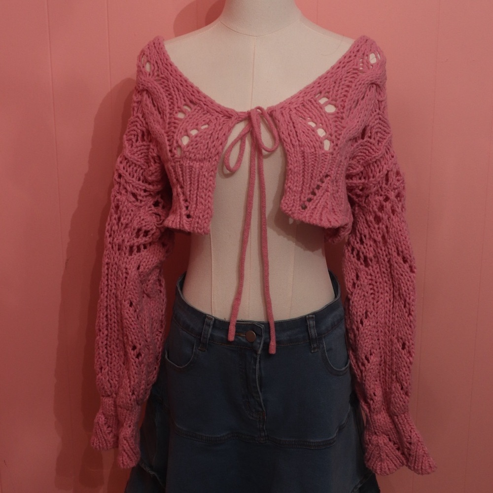 🌸 Storia Pink Crochet Knit Tie-Front Cardigan – Size Medium 🌸 - Picture 3 of 7